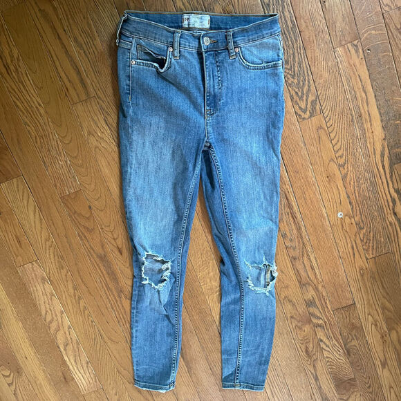 Free People 27 High Waisted Busted Knee Medium Wash Blue Skinny Stretch Jeans - Picture 1 of 6
